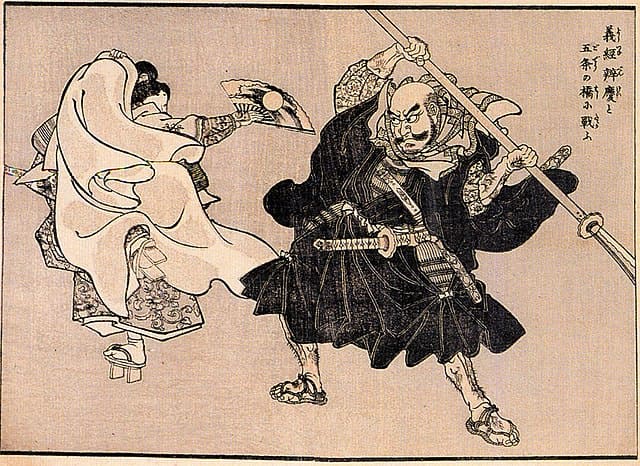 義経と弁慶の五条大橋での戦いを描いた浮世絵（歌川国芳 画）