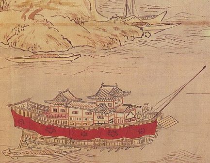 秀吉の朝鮮出兵の時に使用されたと思われる安宅船（『肥前名護屋城図屏風』に描かれたもの）