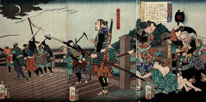 矢作橋で蜂須賀小六と日吉丸の出会いを描いた浮世絵（月岡芳年 画）