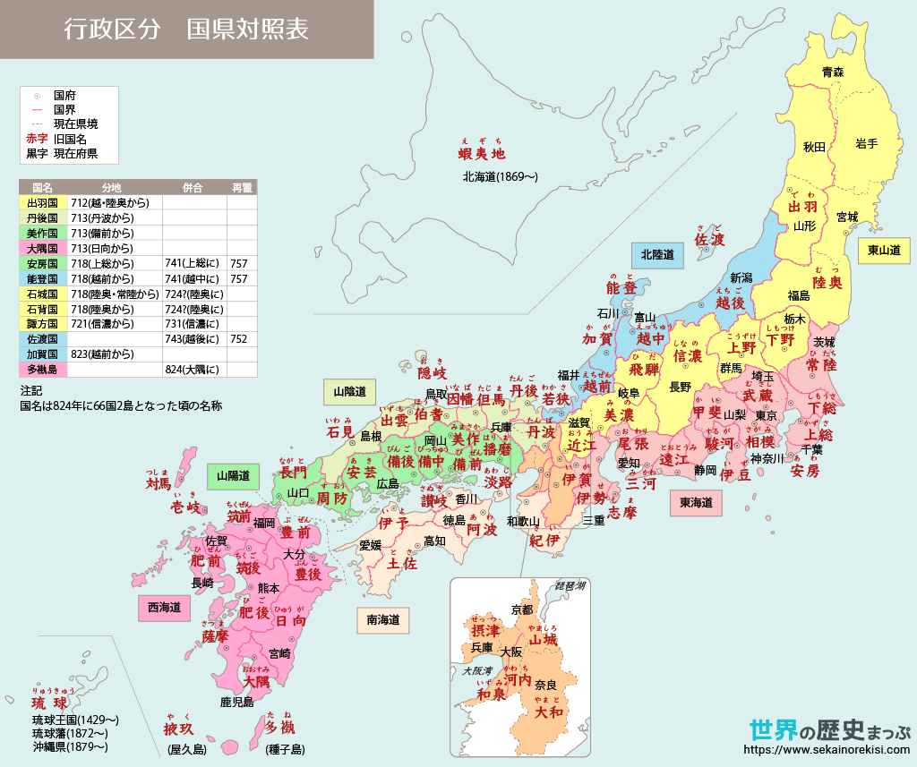 令制国と都道府県の対比マップ