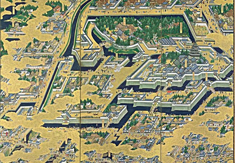 『江戸図屏風』の一部。江戸初期の武家屋敷が数多く描かれている。