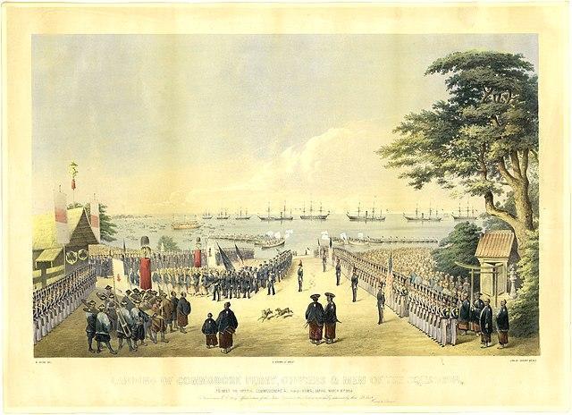 1854年、日本に再上陸（横浜）したペリー一行（ヴィルヘルム・ハイネ 画）