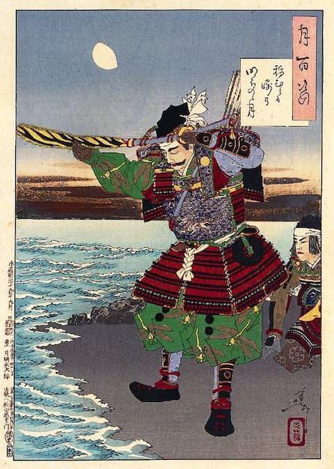 太刀を海に投じる新田義貞（月岡芳年画、出典：wikipedia）