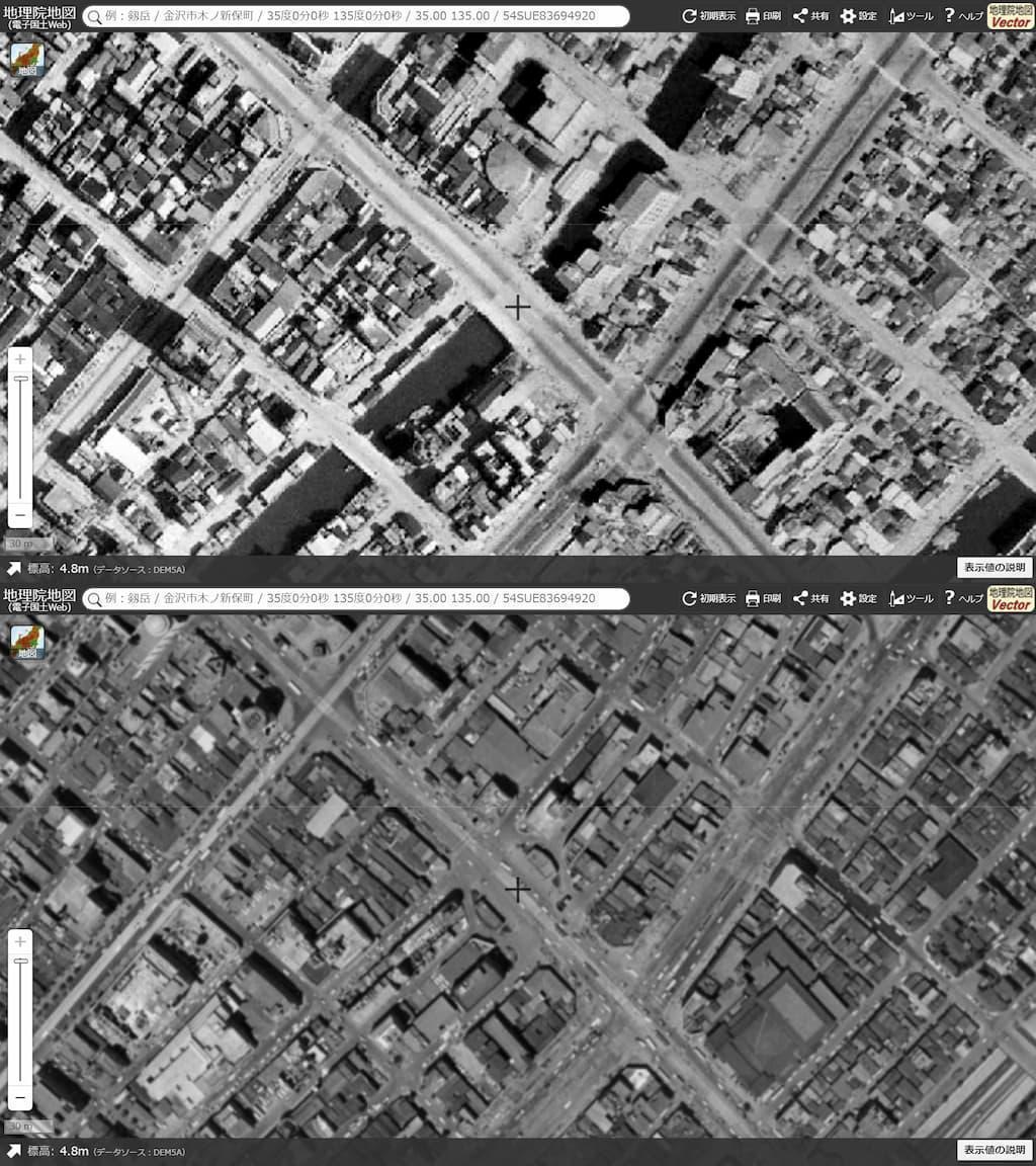 三原橋地下街を中心点とした航空写真。上の画像は1945～50年、下は1961～69年頃（出典：地理院地図）