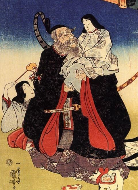 武内宿禰と応神天皇（歌川国芳画。出典：wikipedia）