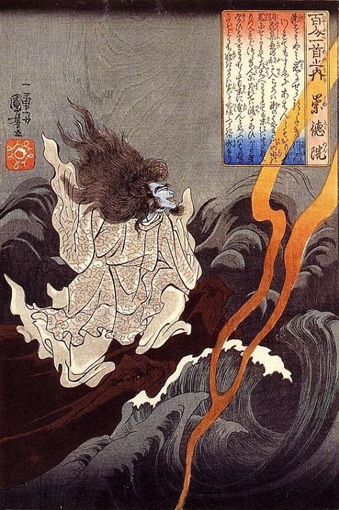 讃岐に流された崇徳上皇の浮世絵。髪が長いのがわかる。（歌川国芳画、出典：wikipedia）