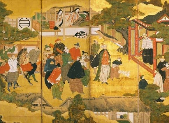 南蛮寺に向かうカピタン・モール(総督)一行(『南蛮人渡来図屏風』より。出典:ColBase)