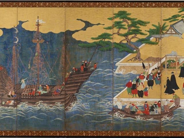 日本の港町に黒船と南蛮人が到着する様(『南蛮屏風』より。出典:ColBase)