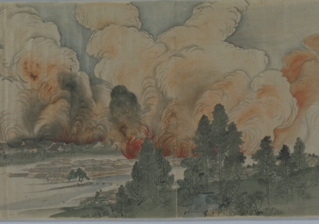 東山から見た、禁門の変で燃え盛る京の街を描いた絵（京都大学附属図書館所蔵）