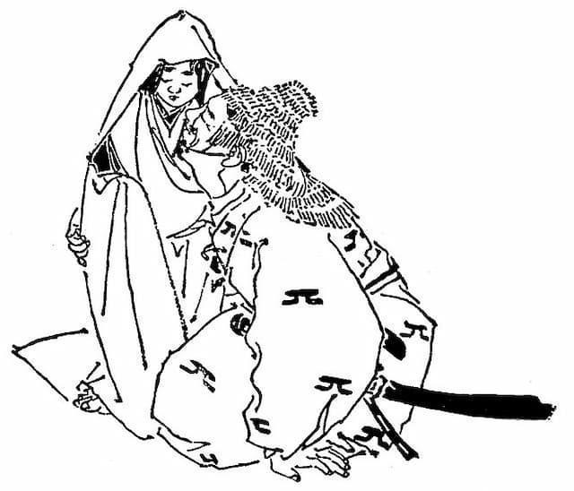『前賢故実』に描かれた後藤実基と坊門姫（菊池容斎画、出典：wikipedia）