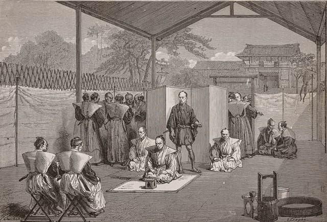 1867年にフランスで出版された、江戸時代末期の切腹の様子を描いたイラスト。中央の裃を着用した人が切腹人。（出典：wikipedia）