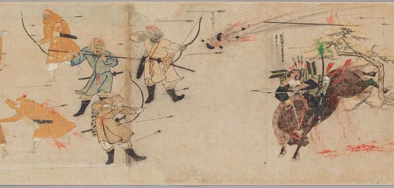 文永の役で蒙古兵と応戦する竹崎季長(『蒙古襲来絵詞』より。出典:ColBase)