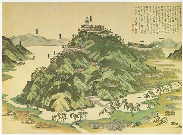 安土城図。四方を湖に囲まれているのがうかがえる。（大阪城天守閣所蔵、出典：wikipedia）