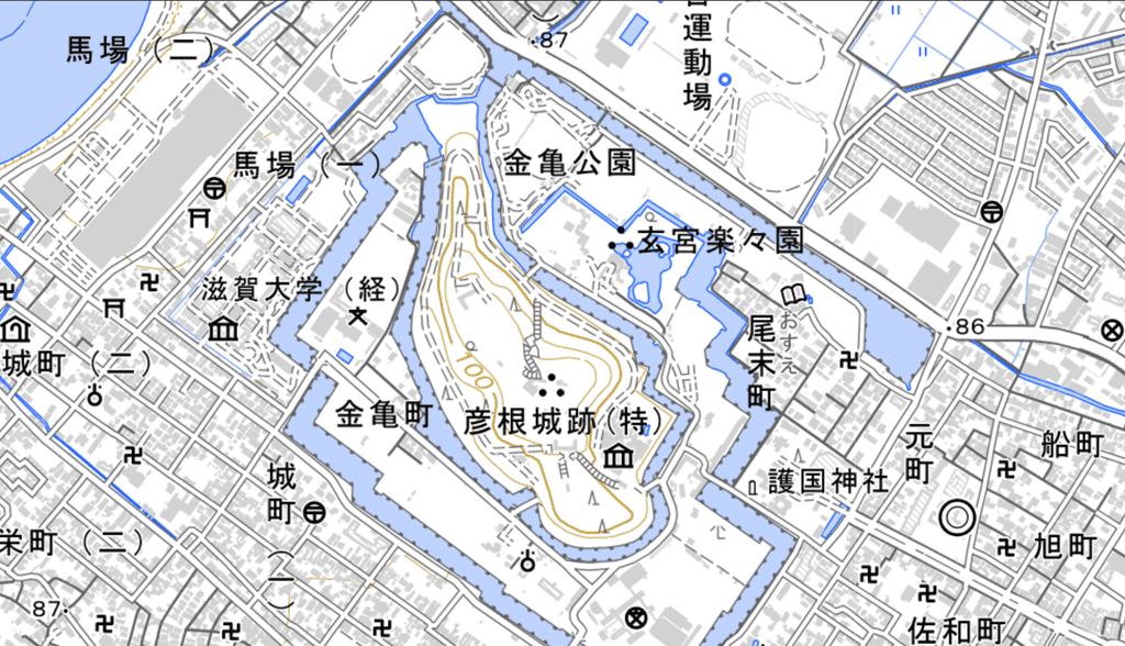 現在の彦根城跡の地図（出典：国土地理院地図）