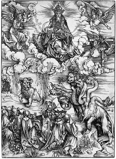※参考イメージ：聖ヨハネの黙示録:12。海の怪物と子羊の角を持つ獣。アルブレヒト・デューラーの木版画（出典：wikipedia）