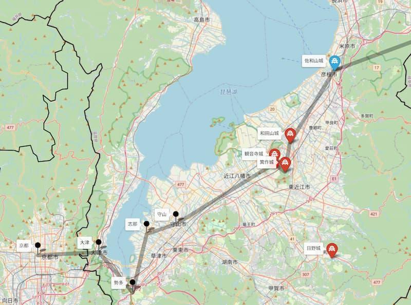 ※参考：信長軍の上洛ルート（岐阜城～佐和山城～京へ。© OpenStreetMap contributors）