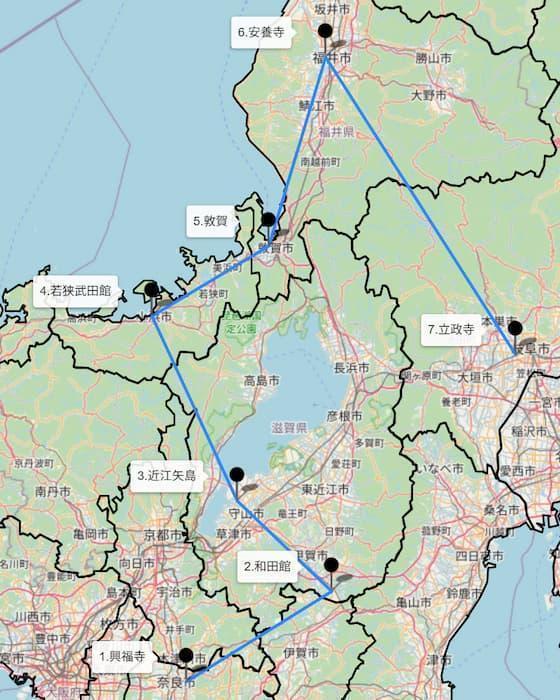 ※参考：足利義昭の流浪の足取り（数字は移動順。© OpenStreetMap contributors）