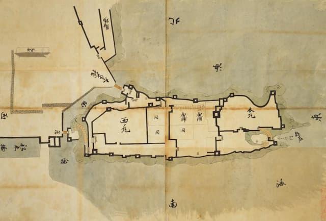 江戸中期～末期における臼杵城の縄張り（『日本古城絵図』より。出典：国立国会図書館デジタルコレクション）