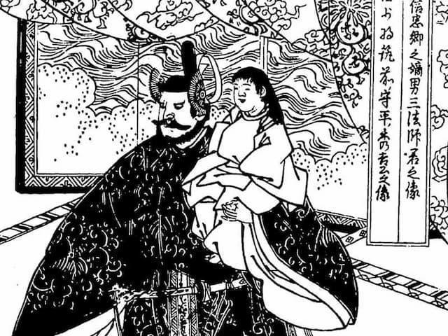清洲会議で三法師を担ぎ上げる秀吉（『絵本太閤記』より。出典：国立国会図書館デジタルコレクション）