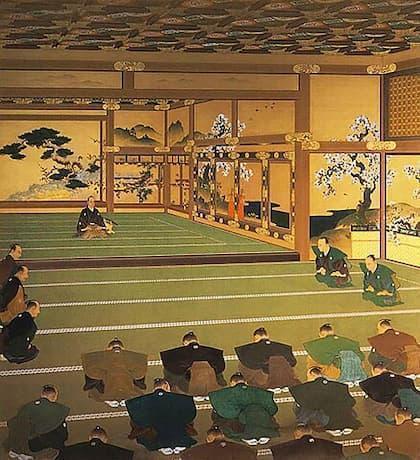 約２６０年続いた江戸幕府の歴史に終止符が打たれた。（『大政奉還図』より。出典：wikipedia）