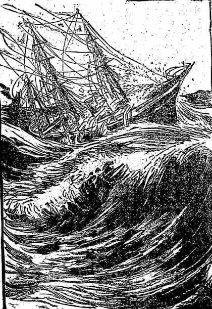 猛烈な暴風雨にさらされる榎本艦隊(『西郷隆盛詳伝 : 絵入通俗』より。出典:国立国会図書館デジタルコレクション)