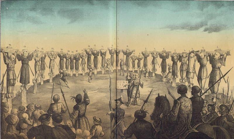 日本二十六聖人の処刑を描いたもの(出典:スペイン国立図書館デジタルライブラリ)