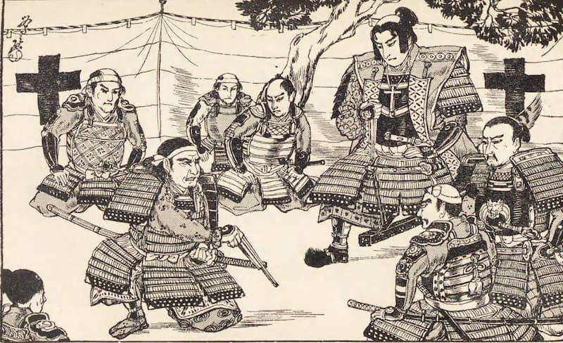 軍議を行なう天草四郎陣営(『少年切支丹と天草の乱』より。出典:国立国会図書館デジタルコレクション)