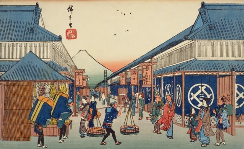 三井越後屋呉服店があった駿河町（現在の東京都中央区日本橋室町一帯）を描いたもの（『東都名所 』より。出典：国立国会図書館デジタルコレクション）