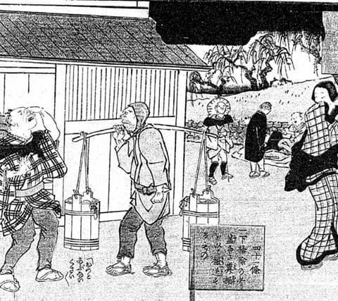 肥汲み（『画解五十余箇条』より。出典：国立国会図書館デジタルコレクション）