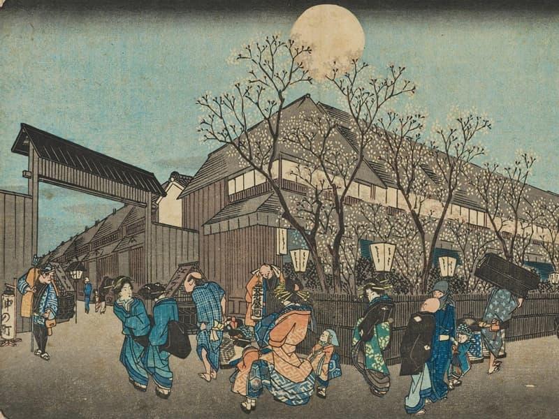吉原仲之町の夜桜（歌川広重筆『東都名所』より。出典：ColBase）