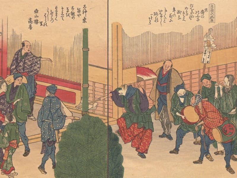 大晦日の吉原での狐舞(『隅田川両岸一覧 下』より。出典:国立国会図書館デジタルコレクション)