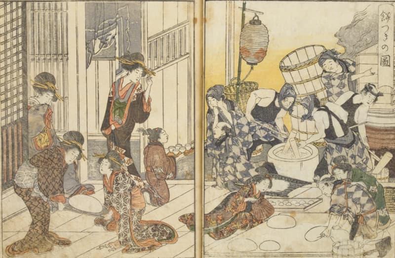 『青楼絵抄年中行事』に描かれた吉原遊廓での餅つき(出典:国立国会図書館デジタルコレクション)