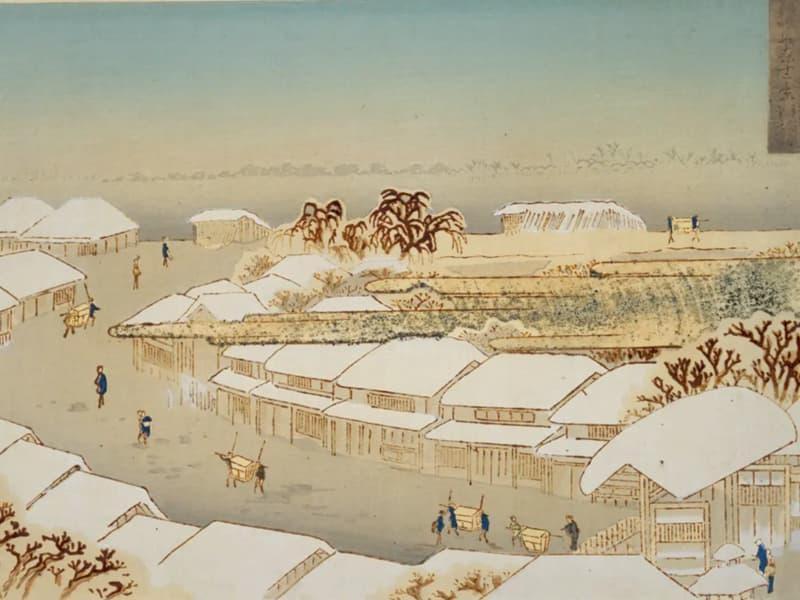 「新吉原雪の朝」 (『銀世界東十二景』より。出典:国立国会図書館デジタルコレクション)
