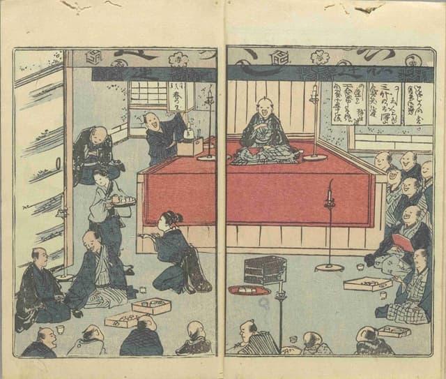 江戸後期の落語会の様子を描いたもの(『春色三題噺 』より。出典:東京都立図書館デジタルアーカイブ TOKYOアーカイブ)