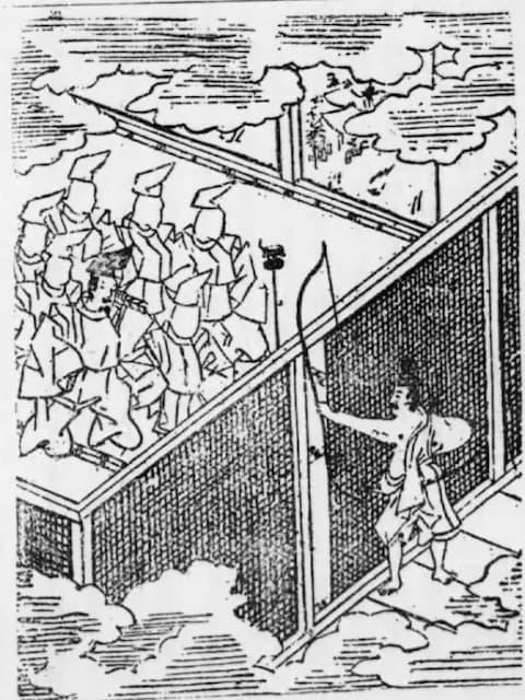 藤原秀郷が将門を射抜く場面(『御伽草紙』より。出典:国立国会図書館デジタルコレクション)