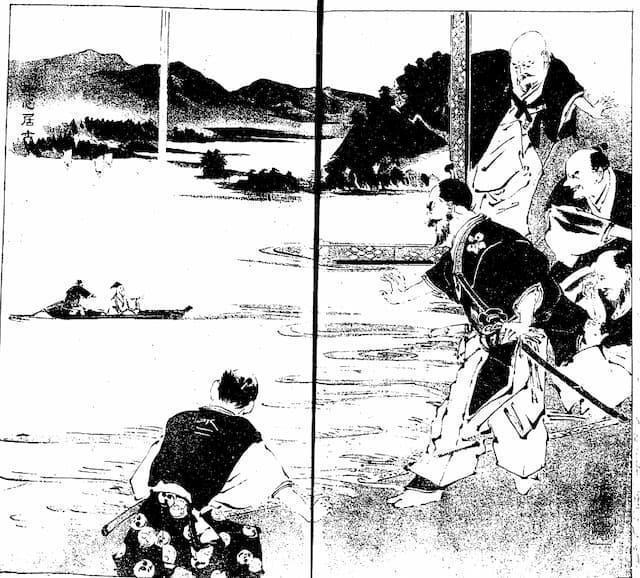 屏風の中に吸い込まれた小舟で去る果心居士（『夜窓鬼談 下』より。出典：国立国会図書館デジタルコレクション）