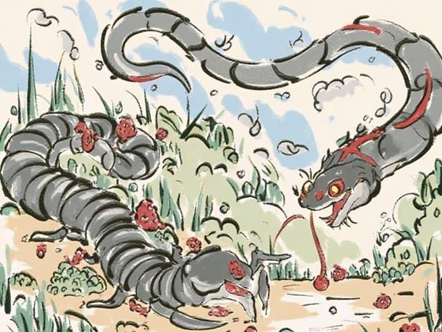 巨大ムカデ  VS 大蛇のイメージ（AI生成）