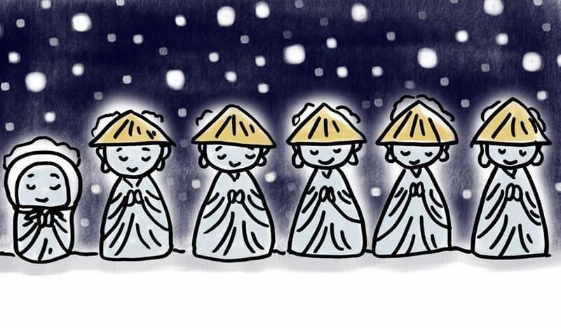 六地蔵。六道で苦しむ人々を救うために、地蔵菩薩が姿を変えたとされる６体のお地蔵様。