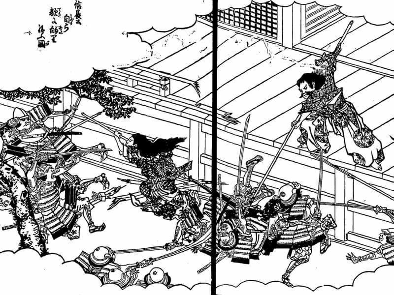 本能寺で奮戦する信長と蘭丸(『絵本太閤記』より。出典:国立国会図書館デジタルコレクション)