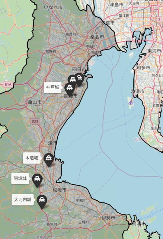 伊勢攻略における主な城の位置(※戦国ヒストリー編集部作成。© OpenStreetMap contributors)