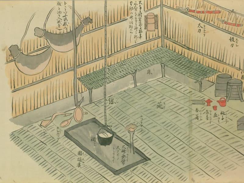 住居内の様子（『蝦夷島奇観』より。出典：国立国会図書館デジタルコレクション）