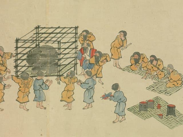 クマを送る儀式の様子（『蝦夷島奇観』より。出典：国立国会図書館デジタルコレクション）