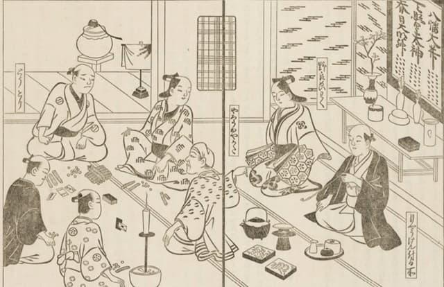 かるた賭博する人々。『鹿の卷筆』（東京大学法学部附属明治新聞雑誌文庫所蔵）を改変