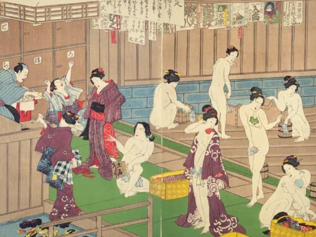 江戸時代の女湯の様子（『肌競花の勝婦湯』より。出典：国会図書館デジタルコレクション）