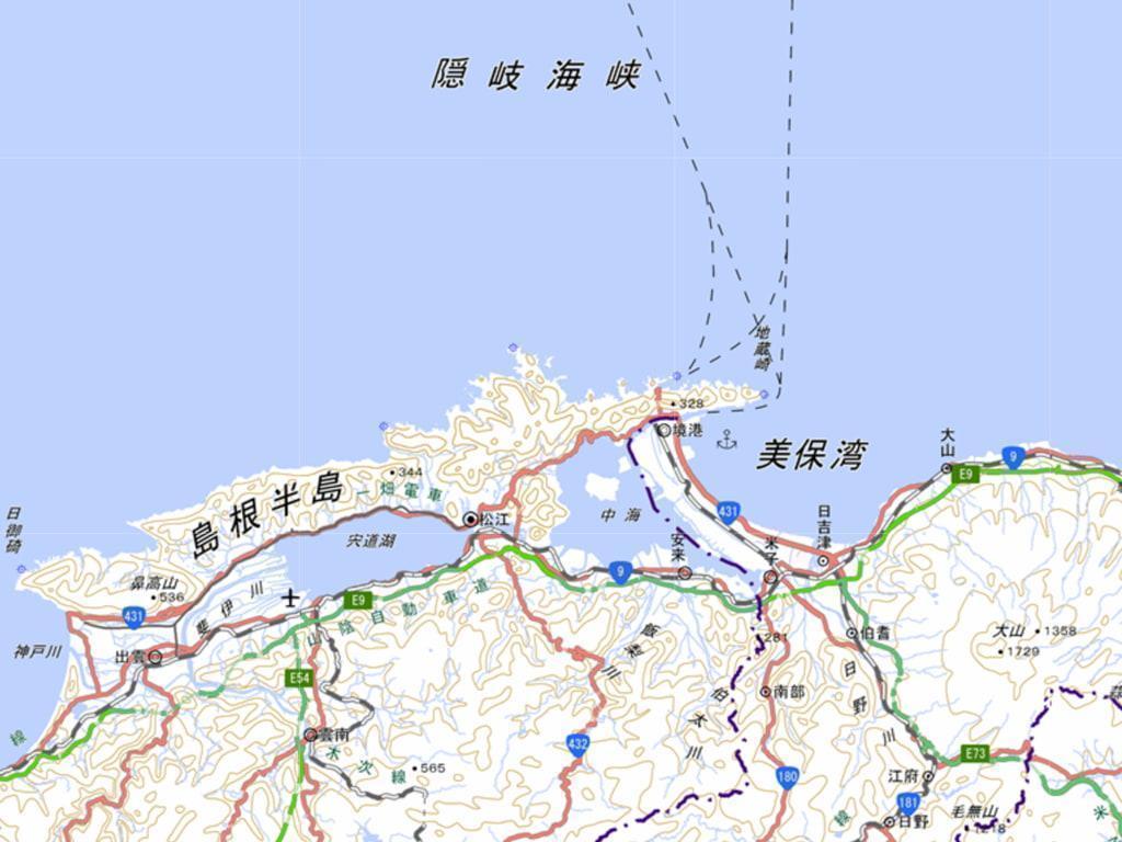 ふたりの旅は松江を基準に、西は出雲大社～日御碕、東に米子～下市～八橋、北に隠岐（出典：国土地理院地図）