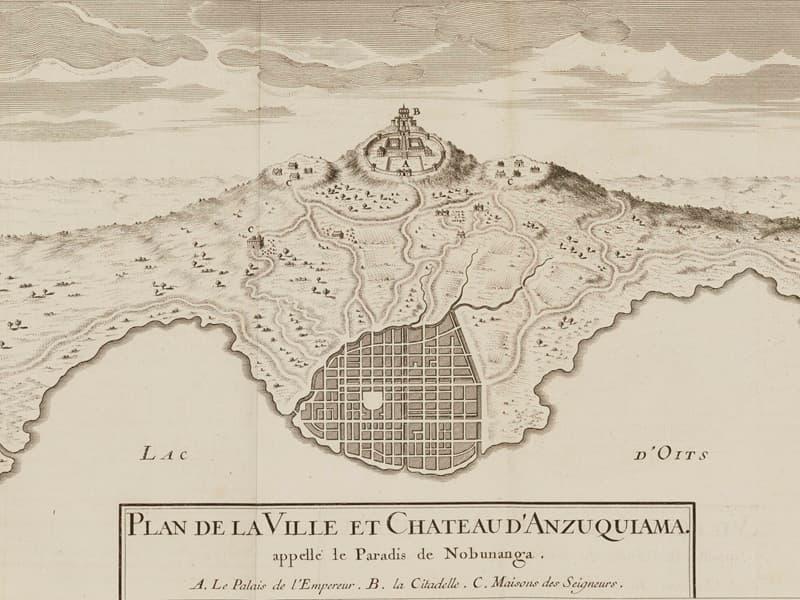 安土城と城下町の図（フランス 1736年刊、シャルルヴォア「日本の歴史」より。出典：ColBase）