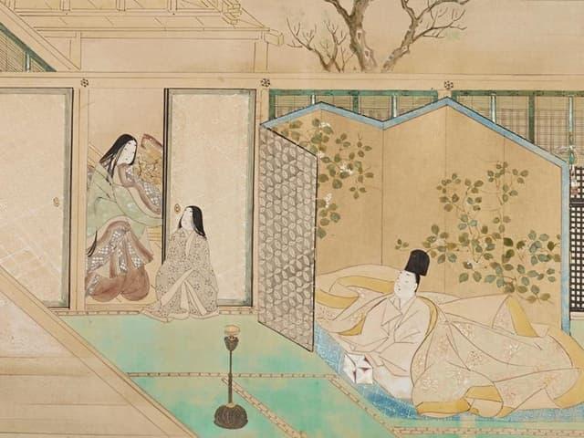 童に導かれ、業平の寝所を密かに訪れる斎宮（『伊勢物語絵巻』より。出典：ColBase）