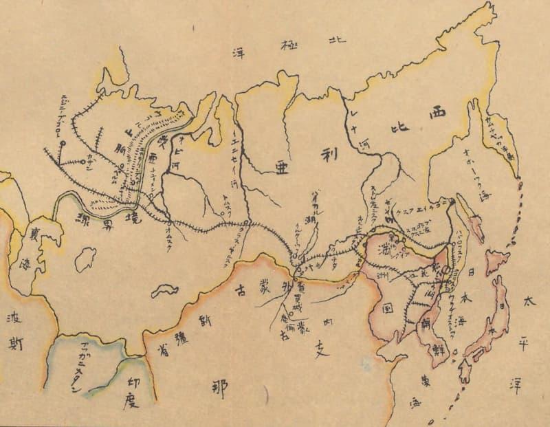 『西伯利亜日記』に描かれたシベリアと日本の地図（出典：国立国会図書館デジタルコレクション）