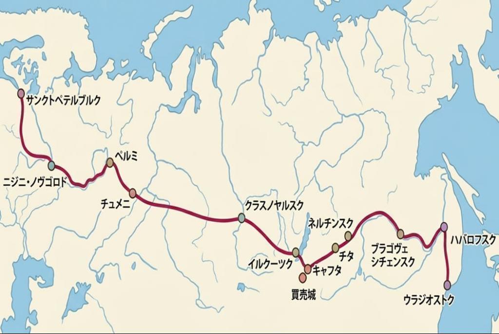 1878年の榎本武揚のシベリア旅程図（『榎本武揚 シベリア日記』を元に作成）