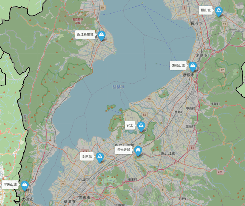 信長の近江支配体制マップ。　Leaflet | © OpenStreetMap contributors